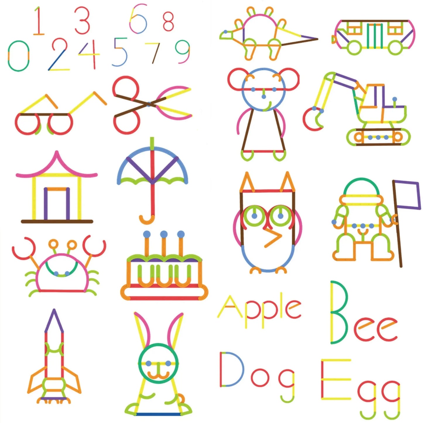 Colorful sticks building various objects and letters on a white background
