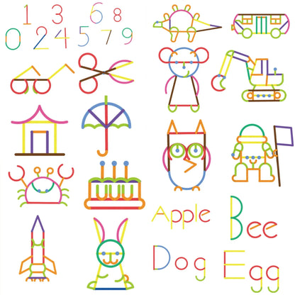 Colorful sticks building various objects and letters on a white background